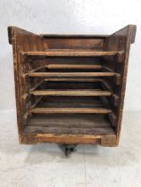 Antique factory trolly, industrial wooden porter trolly designed to take removable trays, thick pine