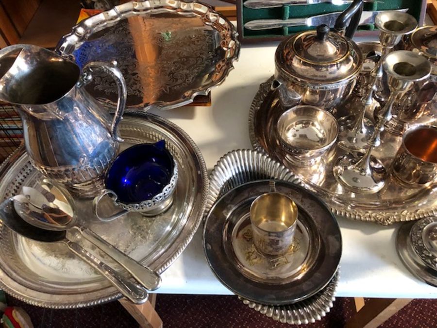 Large collection of silver plated items to include platters and tea ware