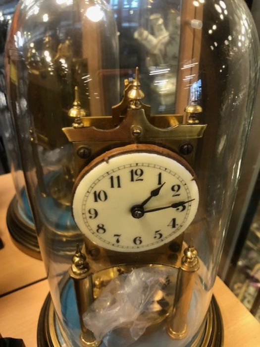 Antique clocks, a brass clock with enamel dial by Gustav Becker under glass dome and a wooden - Image 7 of 12