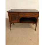 Antique furniture, Edwardian side board on casters with cupboard and single draw, typical inlay