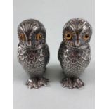 Pair of Silver coloured Owl Salt and Pepper Cruets with glass eyes stamped SR to base with screw