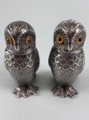 Pair of Silver coloured Owl Salt and Pepper Cruets with glass eyes stamped SR to base with screw