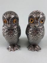 Pair of Silver coloured Owl Salt and Pepper Cruets with glass eyes stamped SR to base with screw