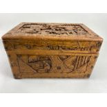 Oriental carved boxes, set of 3 vintage camphor wood boxes carved in deep relief with Chinese