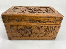 Oriental carved boxes, set of 3 vintage camphor wood boxes carved in deep relief with Chinese