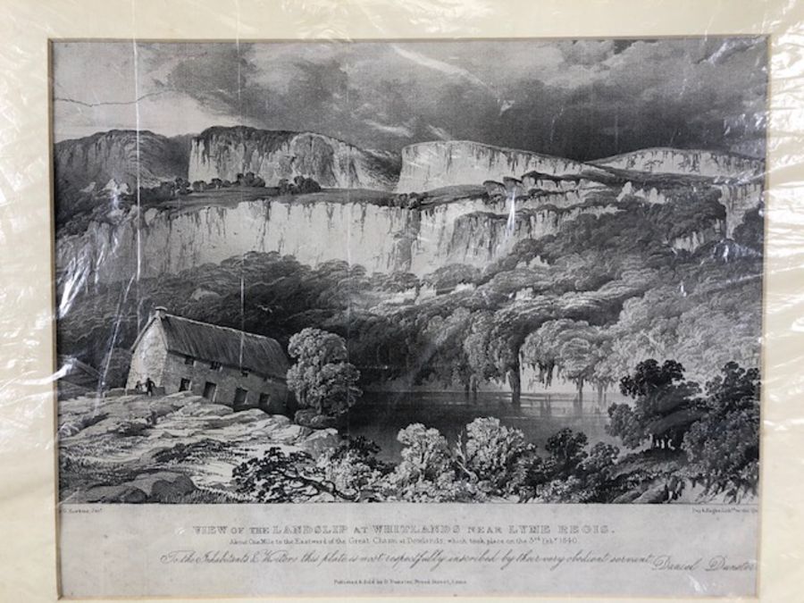 Pictures, 3 etchings of local interest being a view of the Landslip at Lyme Regis 1840, Ruins - Image 8 of 16