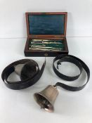 19th century partial mahogany cased drawing instruments set and 2 Bronze shop or servants bells on