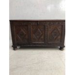 Antique oak chest, Ornately carved European oak chest, 4 panel top with reeded decoration the