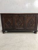 Antique oak chest, Ornately carved European oak chest, 4 panel top with reeded decoration the