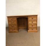 Pine Furniture, Modern Pine Kneehole desk with stack of 4 drawers to each column approximately 132 x