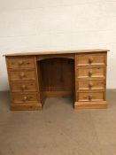 Pine Furniture, Modern Pine Kneehole desk with stack of 4 drawers to each column approximately 132 x