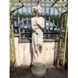 Garden statue of a scantily clad maiden on a plinth approx 200cm tall made from plastic or resin