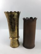 Militaria interest, WW1/WW2 Trench art being 2 brass shell cases, the larger 1916, engraved with
