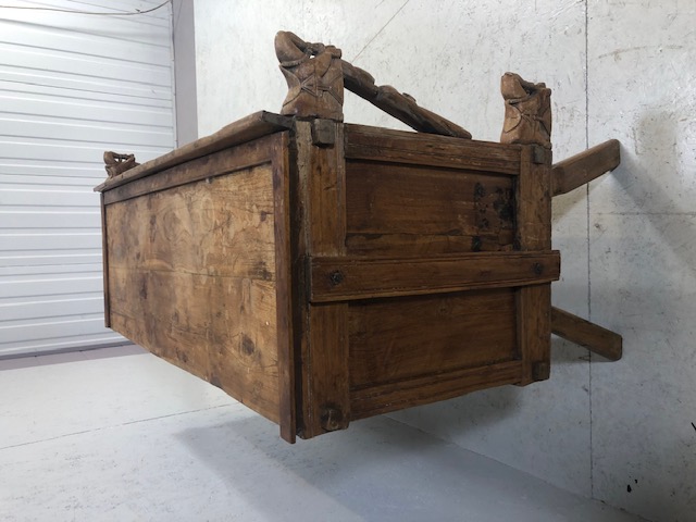 Carved Indian dowry chest on splayed legs with floral carvings and horse and princess carvings, door - Image 5 of 28