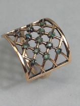 9ct yellow gold basket mesh ring set with 13 emeralds size S approximately 3.09 g inclusive