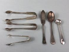 Silver flatware all hallmarked to include Sugar nips, spoons etc (6 items) approx 92g