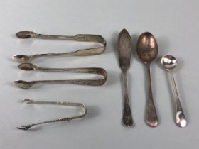 Silver flatware all hallmarked to include Sugar nips, spoons etc (6 items) approx 92g