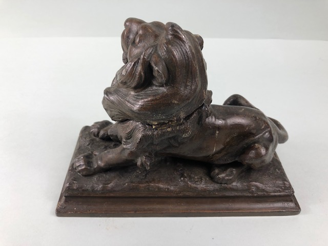 Antique Metal ink and pen stand fashioned as a Lion , the lifted head revealing ink pot, - Image 5 of 8