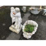 White painted statue garden water feature height 76cm, along with a white painted garden ornament in