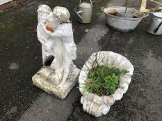 White painted statue garden water feature height 76cm, along with a white painted garden ornament in