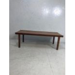 Mid century furniture, mid 20th century King wood Veneer long coffee table, plaque to underside of