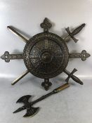 Antique Gothic revival, a cast metal wall mounted stand to arms of a Celtic inspired shield and