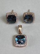 Blue cushion cut gemstone earrings and pendant set