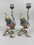 Antique Style French 3rd Empire Candle sticks Fashioned as colourful China Parrots sat on metal