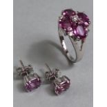 18ct White Gold ring and earring set both set with Pink Sapphires (possibly dyed) the ring set