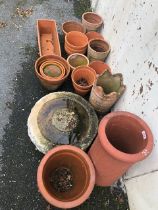 Garden items, collection of terracotta pots, planters and a stone bird bath