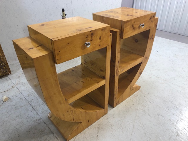 Art Decco style quarter moon side cupboards of burr wood finish comprising of a draw an shelf both - Image 6 of 8