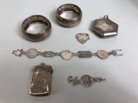 Collection of Hallmarked silver items to include an Octagonal Silver compact with mirror, a pair