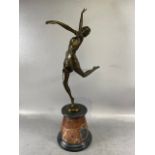 Art Decco Style Metal Statue of a Dancing Girl on a Marble Base with makers seal on base J.B Paris