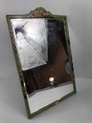 Antique mirror, self standing chinoiserie dressing table mirror of bevelled glass in green lacquer