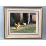 Pictures, Framed oil on Canvas painting of Chickens in a yard, titled Early Knight, dated 2012