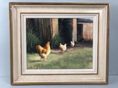 Pictures, Framed oil on Canvas painting of Chickens in a yard, titled Early Knight, dated 2012