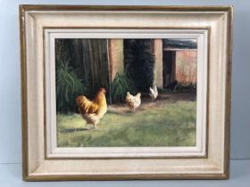 Pictures, Framed oil on Canvas painting of Chickens in a yard, titled Early Knight, dated 2012