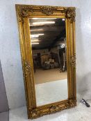 Mirror, Large beveled glass hall mirror in ornate gilded frame approximately 93 x 183 cm