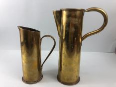 Military interest, WW1 Trench Art 2 Jugs made from brass artillery shell cases , the larger