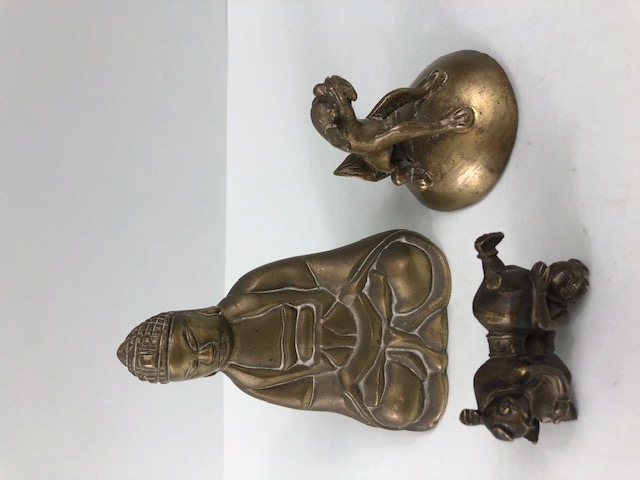 oriental interest , a group of Chinese Brass figures, being a seated Buddha, 2 children playing