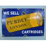 Enamel advertising sign, depicting a shotgun cartridge and "WE SELL PURDEY LONDON CARTERIDGES"