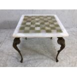 Retro Furniture, 1970s onyx chess board coffee table on decorative brass scroll legs,