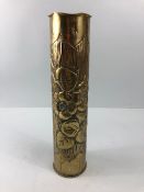 Military interest , WW1 trench art, being a brass artillery shell case heavily embossed decoration