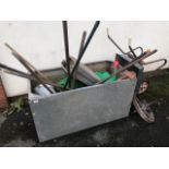 Garden items, Galvanised water tank approximately 120 x 61 x 61, with quantity of tools watering