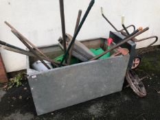 Garden items, Galvanised water tank approximately 120 x 61 x 61, with quantity of tools watering