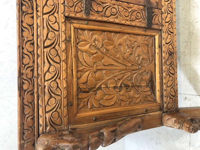 Carved Indian dowry chest on splayed legs with floral carvings and horse and princess carvings, door - Image 12 of 28