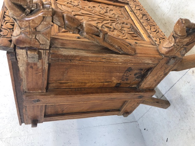 Carved Indian dowry chest on splayed legs with floral carvings and horse and princess carvings, door - Image 3 of 28