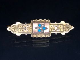 Antique Jewellery ,9ct yellow gold brooch set with seed pearls and turquoise approximately 1.96g