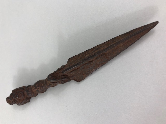 Oriental interest, Tibetan Patinated metal Phurba dagger for exorcism, approximately 14cm in length