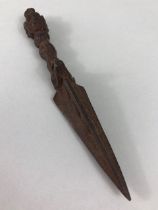 Oriental interest, Tibetan Patinated metal Phurba dagger for exorcism, approximately 14cm in length